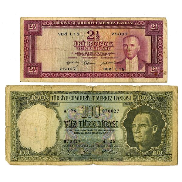 Turkey. Central Bank of Turkey, L.1930 (1952 to 1964), Issued Banknote Pair.