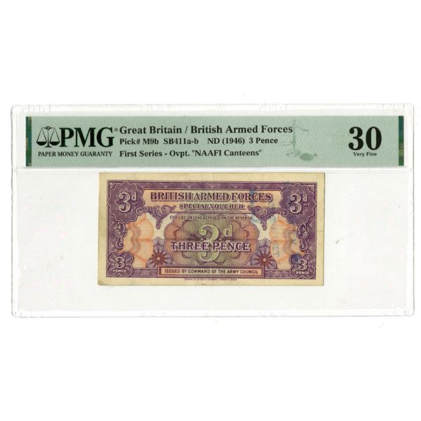 Great Britain. British Armed Forces, 1946 ND, 3 Pence Special Voucher "NAAFI Canteens" Overprint Iss