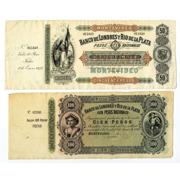 Uruguay. Banco de Londres y Rio de la Plata, Montevideo, 1862 and 1872, Remainder Banknote Pair.