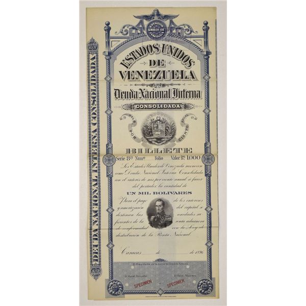 Venezuela. Deuda Nacional Interna Consolidada, 1896, Specimen Coupon Bond.