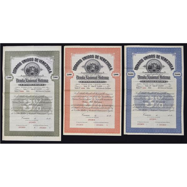 Venezuela. Deuda Nacional Interna, ND (ca.1910-20), Specimen Bond Trio