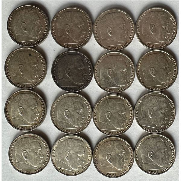Germany. 5 Reichsmark Silver Group (16 Coins), 1937, Paul von Hindenburg Type.