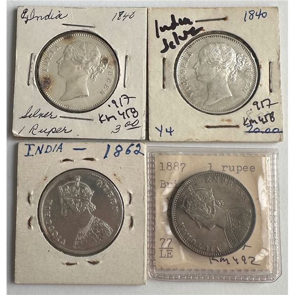 India – Four-Coin Group of Victoria Silver One Rupees: 1840 (2 pcs), 1862, and 1887