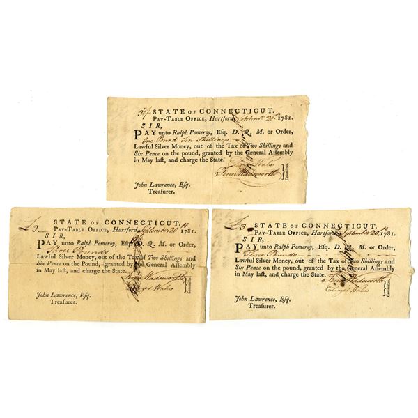 CT. Connecticut Pay-Table Office, "Lawful Silver Money", 1781 Tax Trio Signed by Eliazer Wales  and 