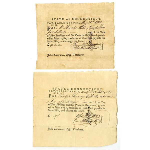 CT. Connecticut Pay-Table Office, 1782 Tax Warrant Pair