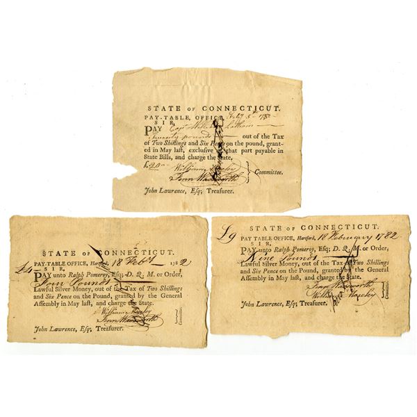 CT. Connecticut Pay-Table Office, 1782, Tax Warrant Trio.
