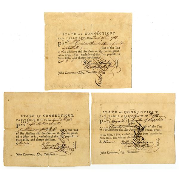CT. Connecticut Pay-Table Office, 1782, Tax Warrant Trio.