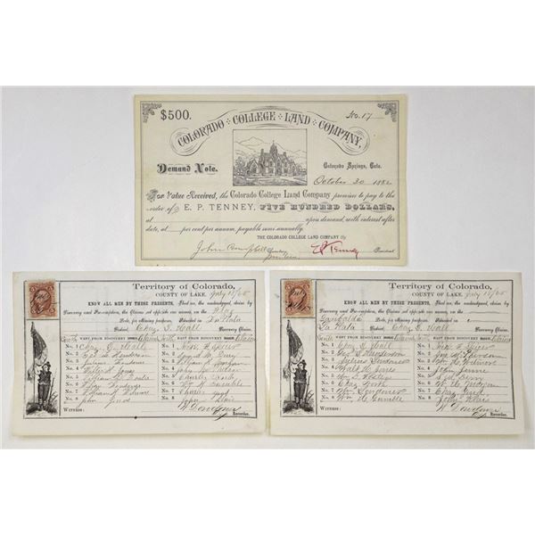 CO. Colorado College Land Company Demand Note, and Territory of Colorado Mining Claim Documents, 186