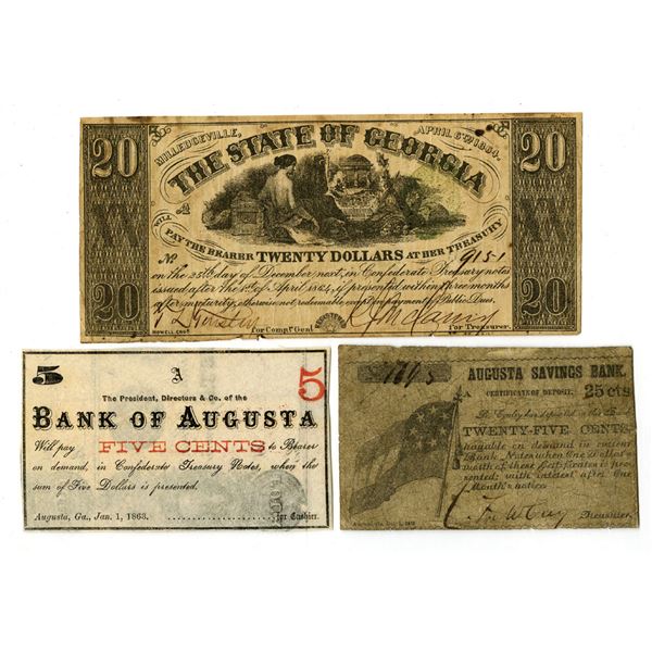 GA. Georgia Obsolete Banknote Trio, 1861 to 1864.