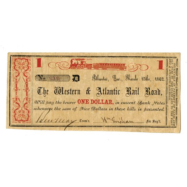 GA. Western & Atlantic Rail Road., 1862, Issued Banknote.