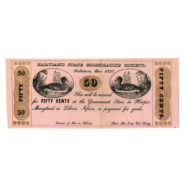 MD. Maryland State Colonization Society, 1837, Store Voucher.