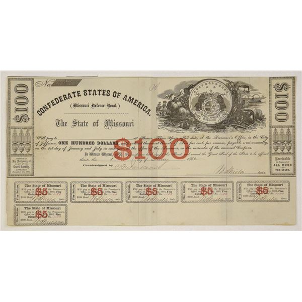 MO. Missouri Defence Bond, 1862, I/U Coupon Bond.