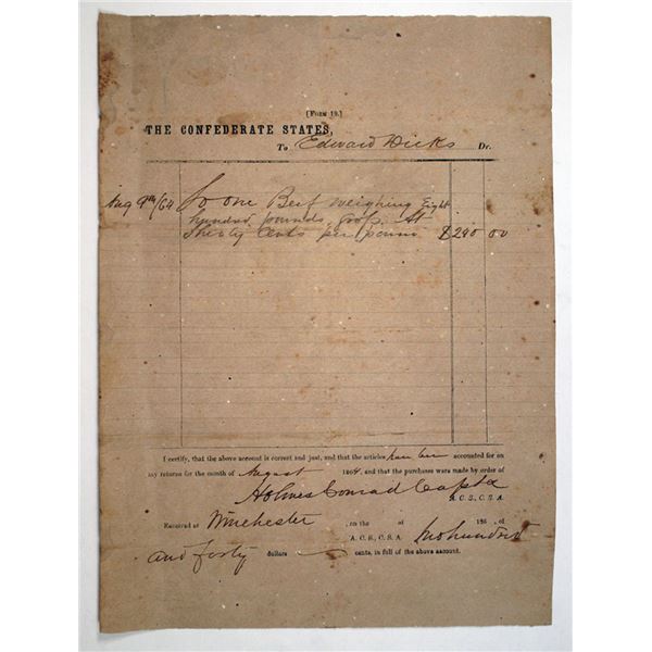 C.S.A., Confederate States Form #19, August, 1864 Purchase order for "One Beef Weighing 800 Pounds"