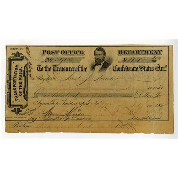C.S.A., Post Office Department, Treasurer of the Confederate States of America, 1865 Issued Warrant