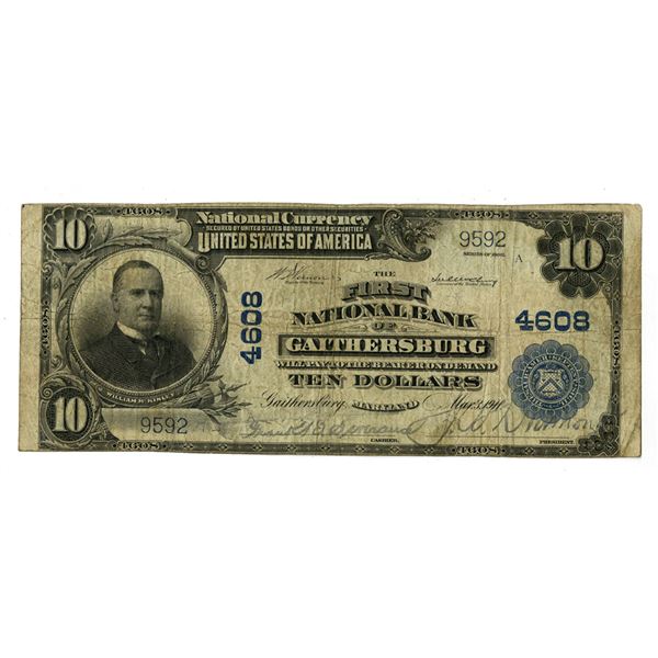 MD. First National Bank of Gaithersburg, Maryland, $10 PB, Series of 1902, Ch# 4608, Issued Banknote