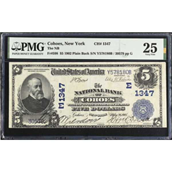 NY. National Bank of Cohoes, New York, $5, Series of 1902, Ch# E-1347, Issued Banknote.