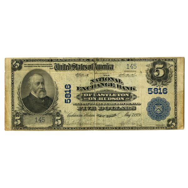 NY. National Exchange Bank of Castledon on Hudson, New York, $5 PB, Series of 1902, Ch# 5816, Issued