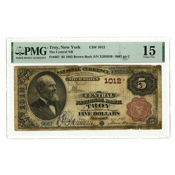 NY. Central National Bank of Troy, New York, $5, Series of 1882, Ch# 1012, Issued Banknote.