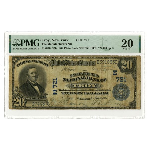 NY. Manufacturers National Bank of Troy, New York, $20 PB, Series of 1902, Ch# E-721, Issued Banknot