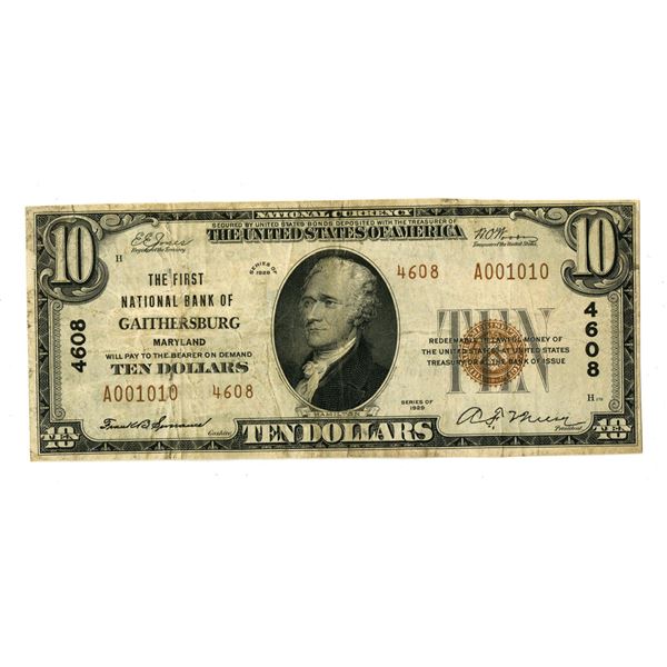 MD. First National Bank of Gaithersburg, Maryland, $10 T2, Series of 1929, Ch# 4608, Issued Banknote