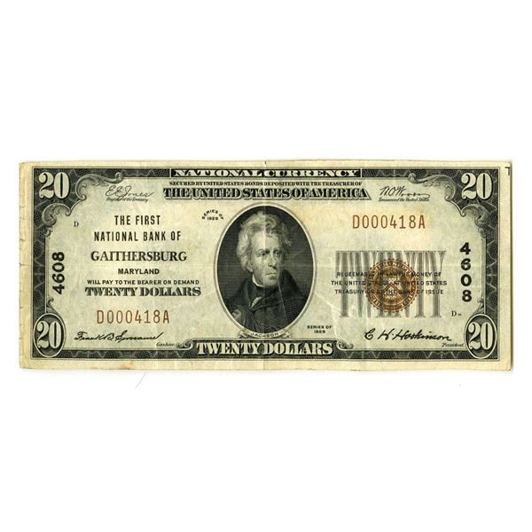 MD. First National Bank of Gaithersburg, Maryland, $20 T1, Series of 1929, Ch# 4608, Issued Banknote
