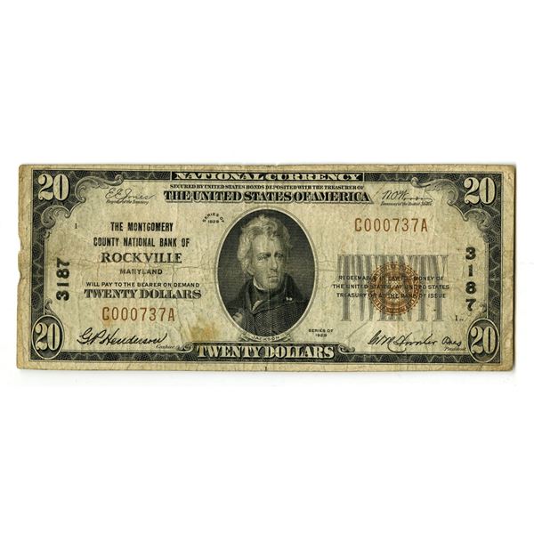 MD. Montgomery County National Bank of Rockville, Maryland, $20 T1, Series of 1929, Ch# 3187, Issued