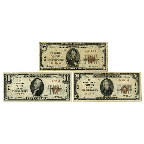 NY. National Bank of Cohoes, New York, Series of 1929, Ch# E-1347, T1 Issued Banknote Trio.