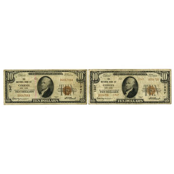 NY. National Bank of Cohoes, New York. $10 T1 & T2, Series of 1929, Ch# 1347, Issued Banknote Pair.