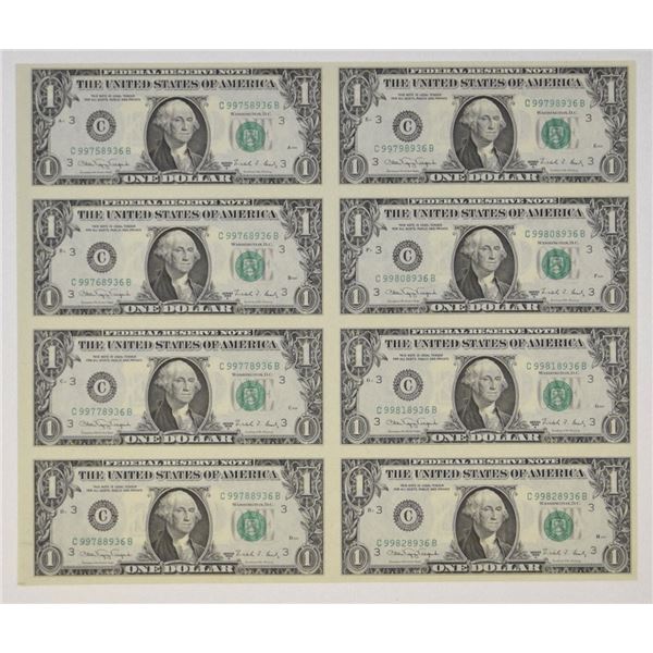 U.S., F.R.N., $1, Series 1988A, Fr.# 1915C, Uncut Sheet of 8 Banknotes, 1 of only 2 Sheets known for