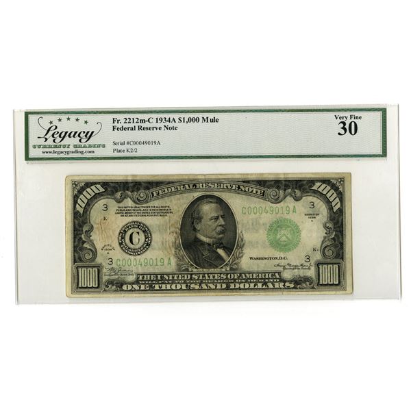 PA. U.S. F.R.N., $1000, Fr.#2212m-C, Series of 1934A, "MULE" Issued Banknote.