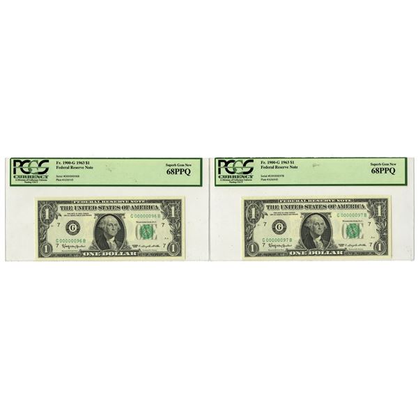 U.S., F.R.N., $1, Fr.# 1900-G, Series 1963, Low Serial #G96 & G97, Issued Banknote Pair.