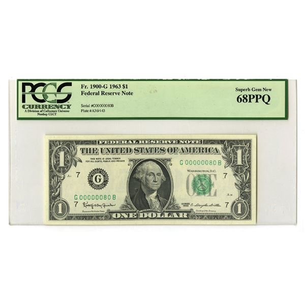 U.S., F.R.N., $1, Fr.# 1900-G, Series 1963, With Low Serial # G80B, Issued Banknote