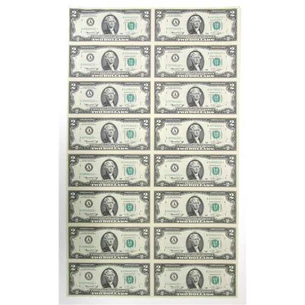 U.S., F.R.N., $2, Series of 1976, Fr#1935A* District A - Boston, MA., Uncut Sheet of 16 Replacement 