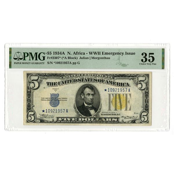 U.S. WW II Emergency Issue, $5, 1934A, North Africa, Fr#2307* (A* Block) Replacement - Star Note.