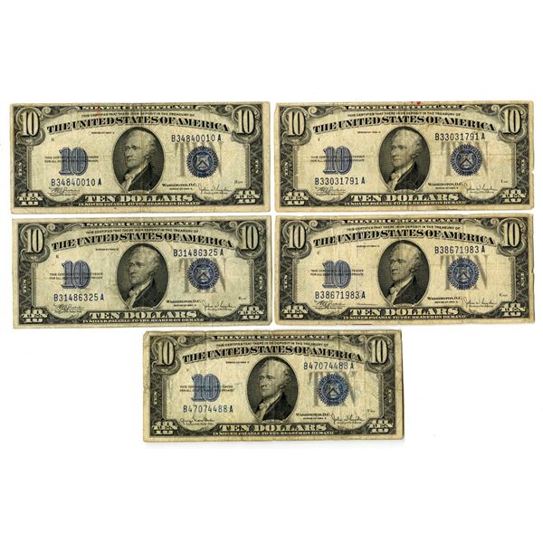 U.S. Silver Certificates, $10, Series of 1934C and Series of 1934D, Issued Banknote Quintet.