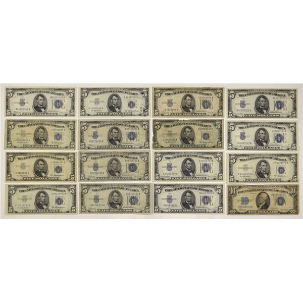 U.S. Silver Certificates, $5 and $10, Series of 1934B to Series 1953A, Issued Banknote Assortment.