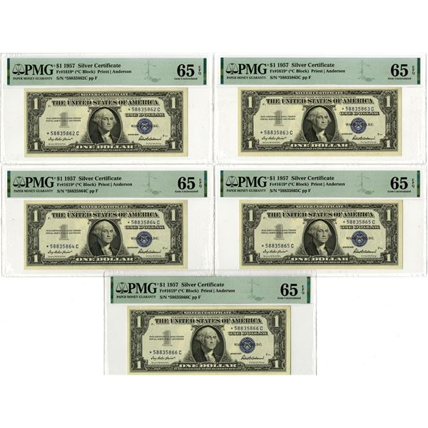 U.S. Silver Certificate, Series of 1957, Fr#1619* (*C Block) Star Note Sequential Group of 5 Notes.