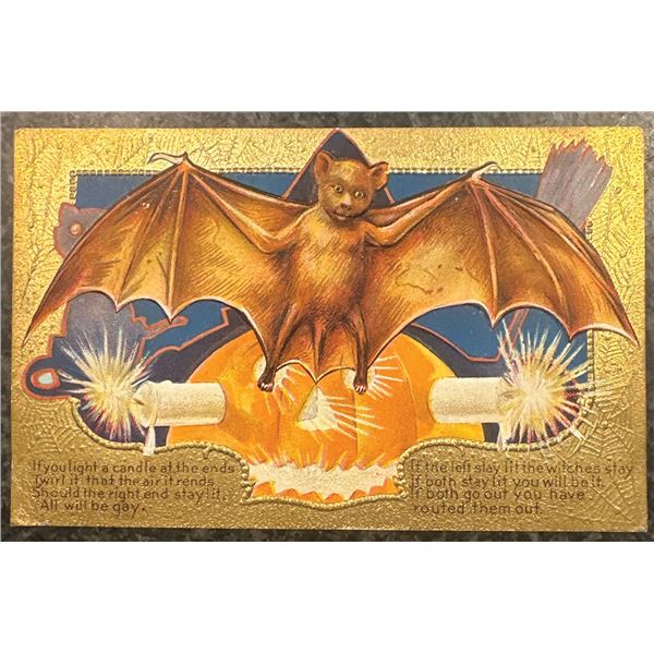 United States, c. 1910s — Embossed Halloween Postcard with Bat & Jack-O’-Lantern, 