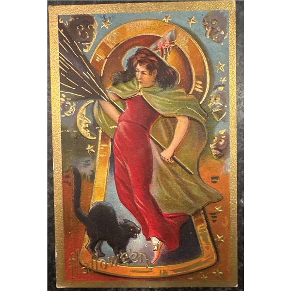 United States, c. 1910s — Embossed Halloween Postcard with Witch, Black Cat & Gold Border, 