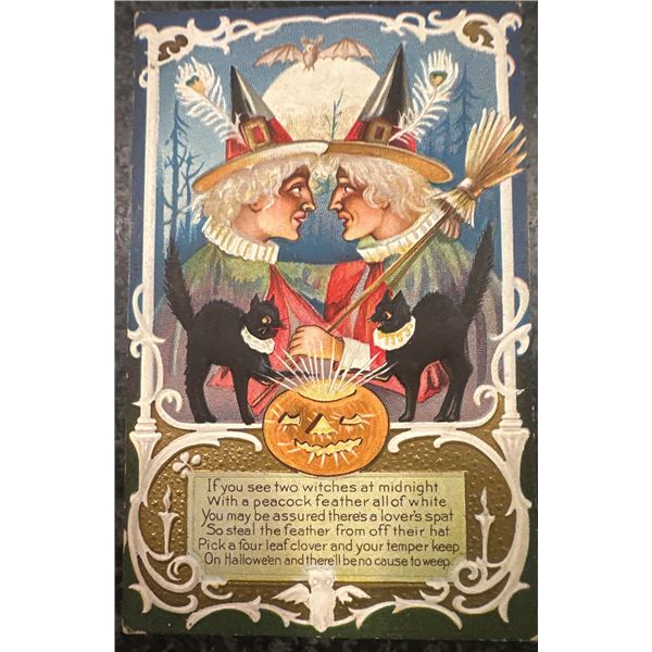 United States, postmarked 1913 — Embossed Halloween Postcard with Two Witches, Black Cats &