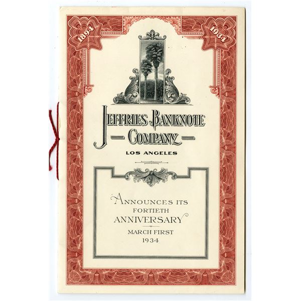 CA. Jeffries Banknote Co., 1934, Intaglio Printed 40th Anniversary Program.