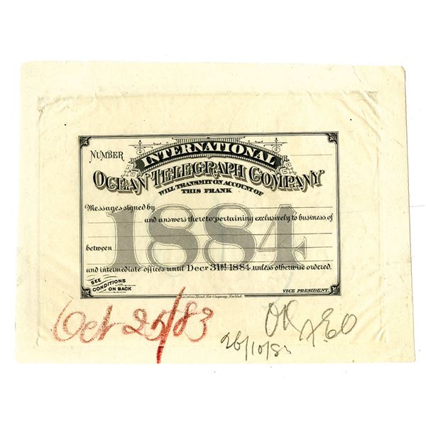 FL. International Ocean Telegraph Company, 1883-84 Unique Approval Proof Pass.