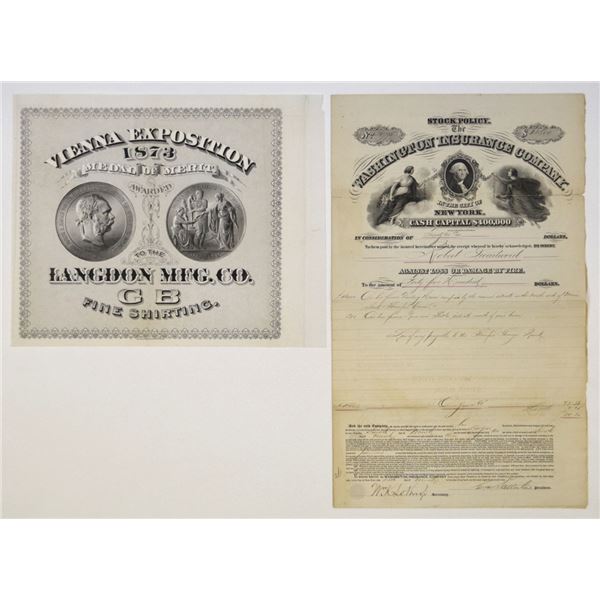 UK & NY, Ornate ABNC Engraved Label & Insurance Company Policy,1862 & 1873, Proof & Issued Certifica