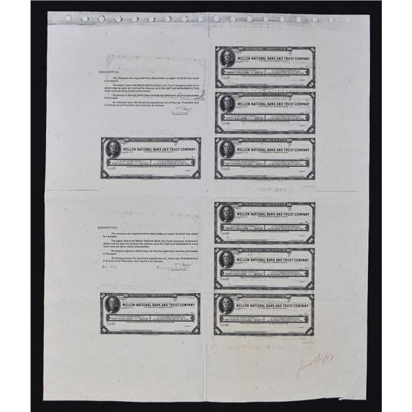 PA. Mellon National Bank and Trust Co., ND (ca.1930-40s),Uncut Intaglio Proof Traveler's Check Sheet