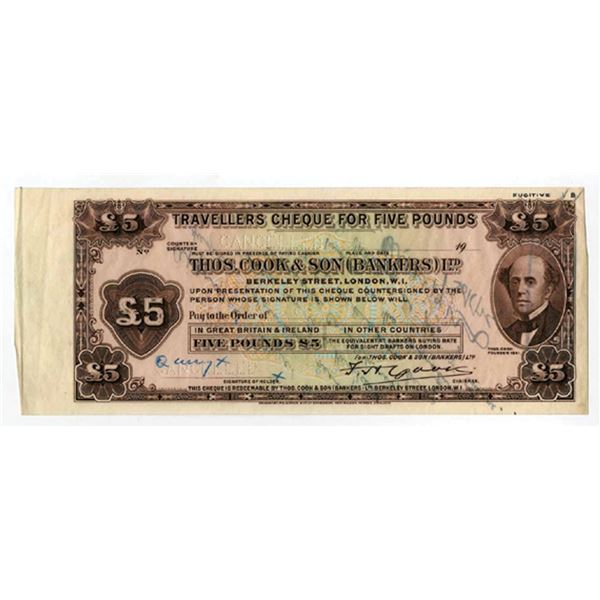 England. Thos. Cook & Son (Bankers) Ltd, ND (1930), Traveler's Check Approval Proof.