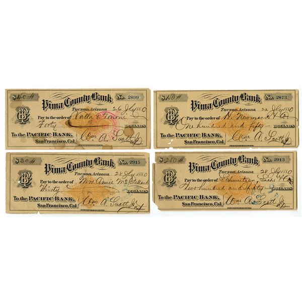 AZ. Pima County Bank, 1880, Issued Check Quartet.