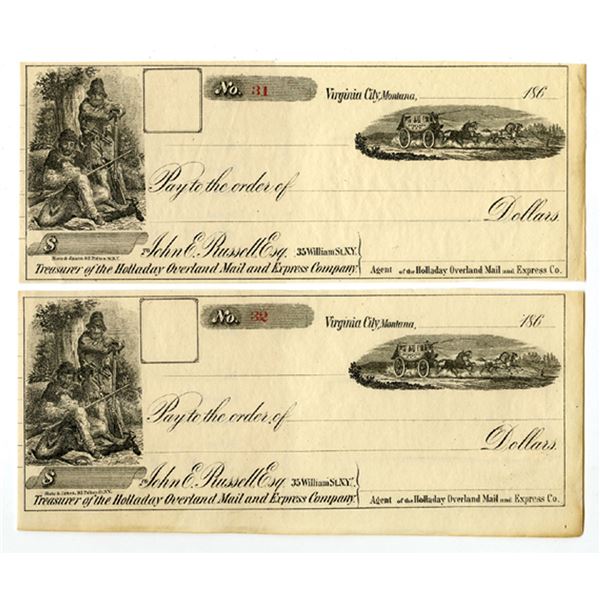 MT. Holladay Overland Mail and Express Co., with Stage Coach Vignettes, 1860s, Unissued Draft Pair