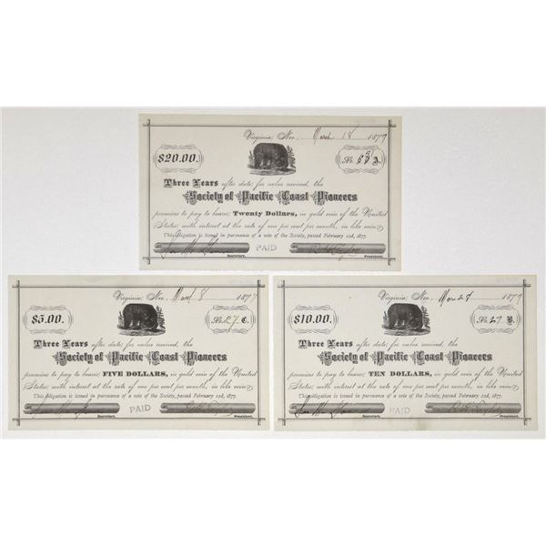 NV. Society of Pacific Coast Pioneers, 1877 to 1879, Promissory Note I/C Trio.