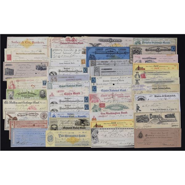 Western, Mid-west & Eastern Check & Draft Assortment, 6 with Imprinted Revenues, ca.1840 to 1955