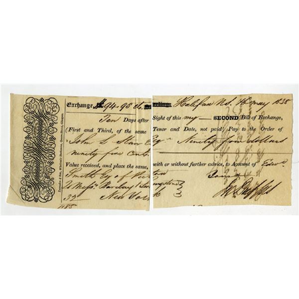 Nova Scotia. 1838, Issued  Second Bill of Exchange.